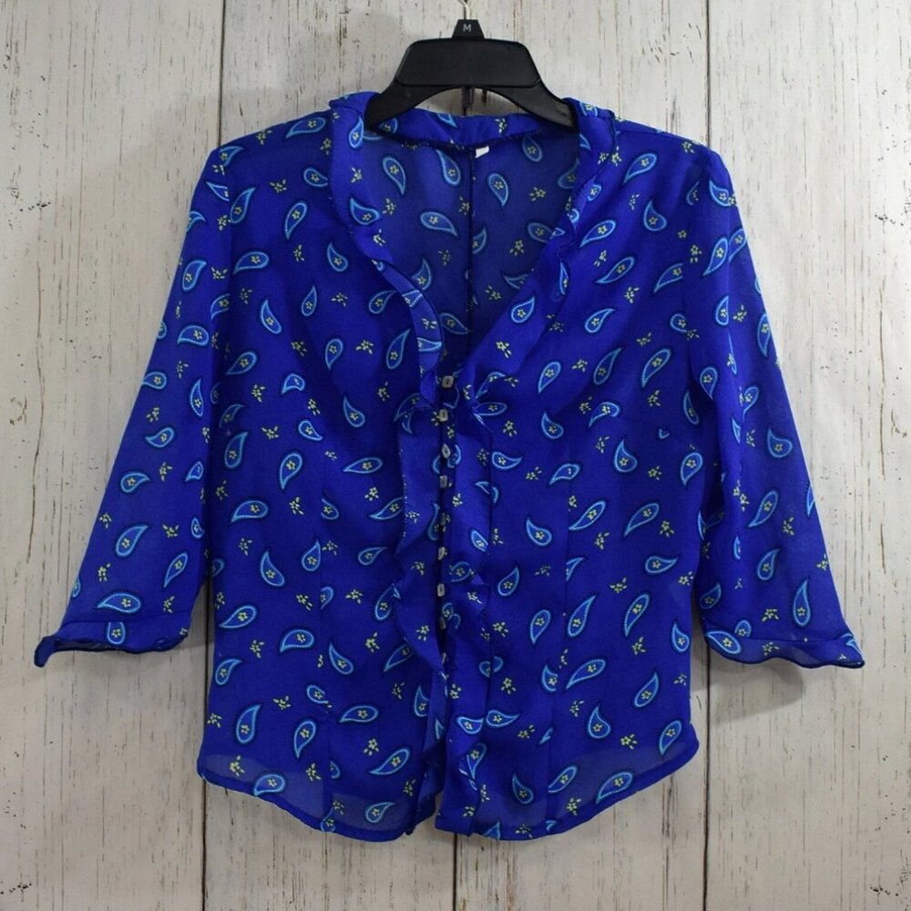 Women's Edward'os S.A. Floral Print Blouse Shirt V-Neck Spain Size 4 Blue